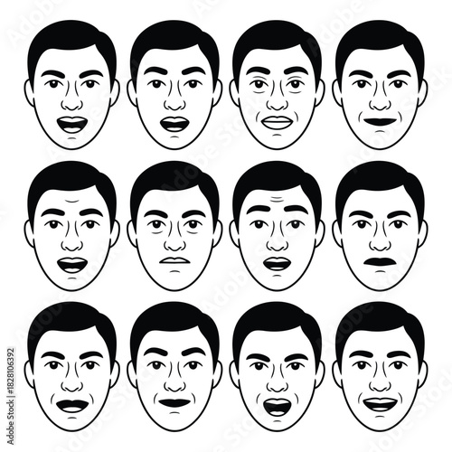A grid of twelve black and white line art illustrations depicting diverse facial expressions of young adult men, including happy, surprised, and neutral looks, isolated on