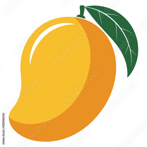 A vibrant and ripe yellow mango with a green leaf, depicted in a simple, clean, and modern flat design style, representing tropical fruit, healthy eating, and summer freshness