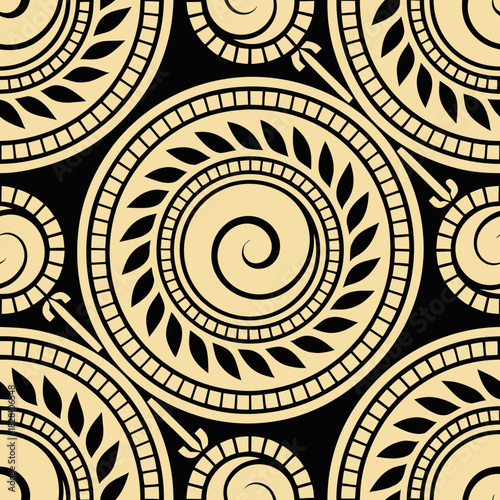 Seamless vector pattern with circular motifs and leaf designs  