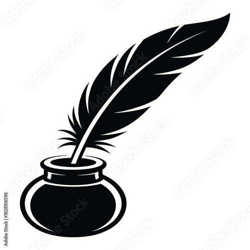 Black silhouette of a classic quill pen dipped into an antique inkwell, symbolizing traditional writing, education, literature, and historical communication, isolated on