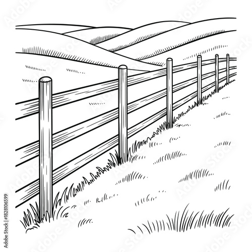 Black and white line drawing of a rustic wooden fence stretching across rolling hills and a grassy landscape, depicting a serene rural scene, isolated on
