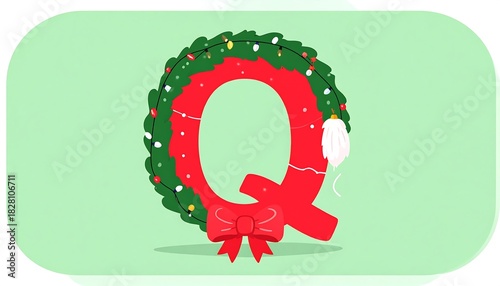 Festive red letter Q adorned with a green wreath, bright lights and a red bow on a soft mint green background