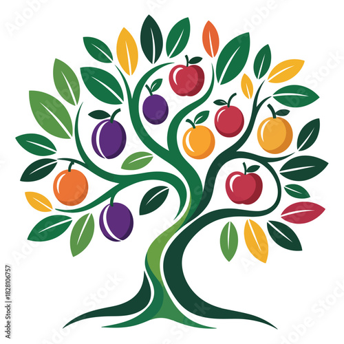Stylized fruit tree illustration with colorful red apples, orange oranges, purple plums, green, yellow, and red leaves, symbolizing nature, growth, and abundance, isolated on