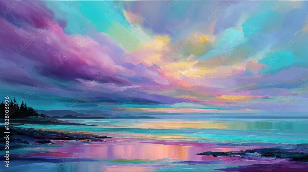 Fototapeta premium A painting of a beautiful sunset with a blue sky and a calm ocean. The colors are vibrant and the scene is serene