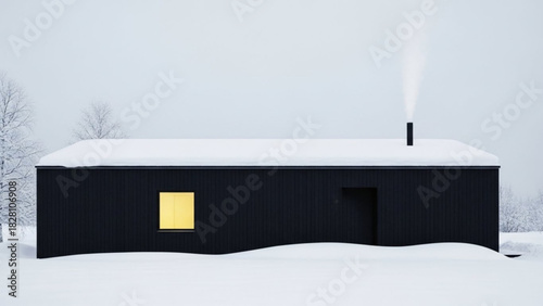 Cozy cabin glows warmly in winter landscape, a modern design retreat covered in fresh snow, promising peace and quiet in a secluded location