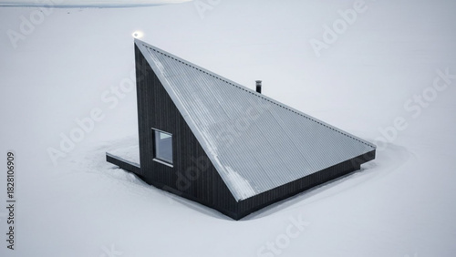 Striking minimalist cabin nestled in a serene snowscape, radiating quiet solitude and architectural brilliance, a winter retreat for peaceful reflection