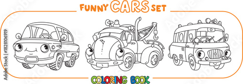 Funny vintage cars with eyes. Coloring book set