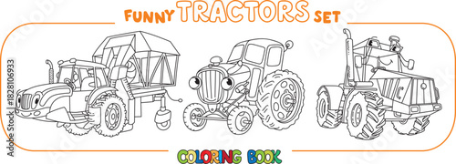 Funny vector tractors with eyes. Coloring book set
