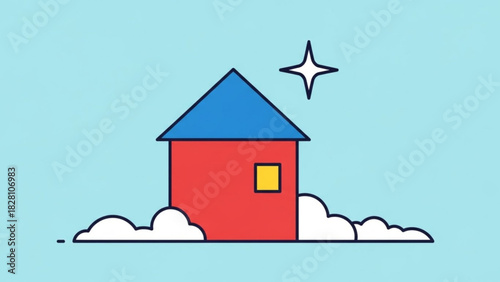 Charming red house with blue roof and star, evoking dream home ownership and real estate aspirations, perfect for ads and promotional graphics