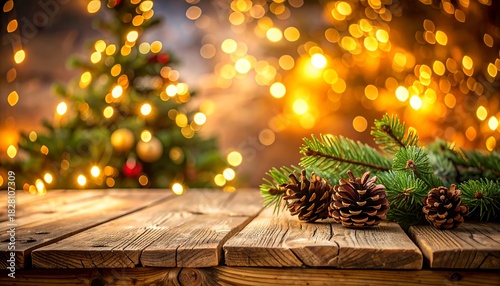Festive scene with blurred Christmas tree, string lights backdrop, pine branches & cones on worn wooden surface
