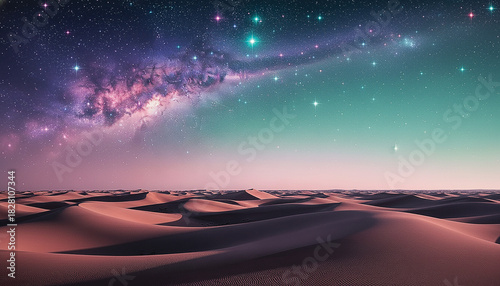 Fototapeta Naklejka Na Ścianę i Meble -  Vibrant galaxy and colorful stars illuminate desert sand dunes