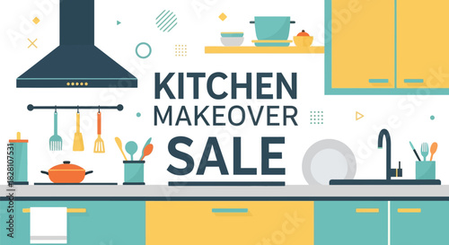 Kitchen makeover sale advertisement with kitchenware and furniture elements
