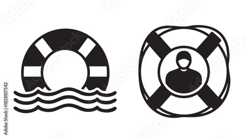 Life Buoy and Rescue Icons A Set of Black and White Illustrations for Safety and Assistance