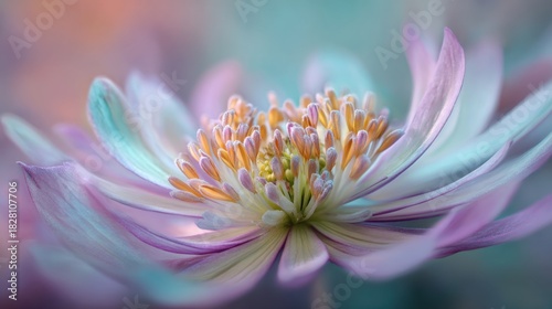 A flower with a purple and white center and a blue stem. The flower is very colorful and has a lot of detail