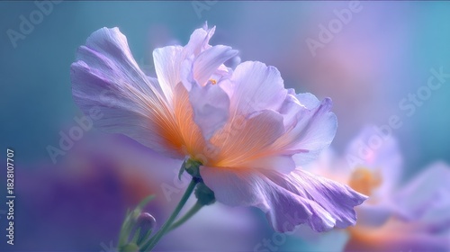 A flower with a purple and orange center is in the foreground of a blue background. The flower is the main focus of the image, and the blue background adds a sense of calmness