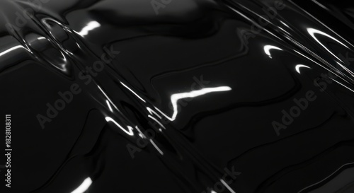 Glossy black liquid waves, smooth fluid surface with bright light reflections
