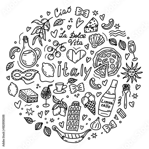 Set with Italian attributes. Individual elements of romantic Italy.