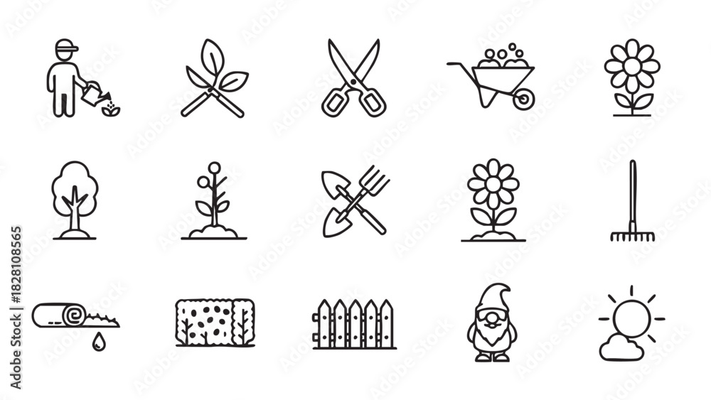 Fototapeta premium Essential Outline Gardening Icons A Comprehensive Set of Line Art Symbols Representing Tools, Plants, Nature, and Outdoor Cultivation Activities