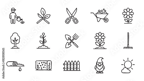 Essential Outline Gardening Icons A Comprehensive Set of Line Art Symbols Representing Tools, Plants, Nature, and Outdoor Cultivation Activities