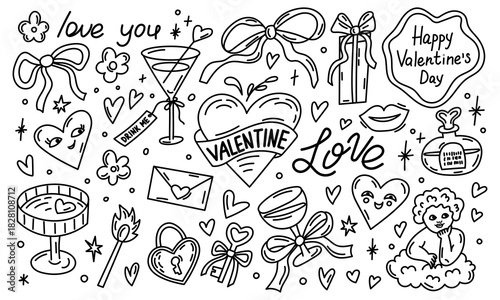 Clipart elements in doodle whimsy style for Valentine's Day.