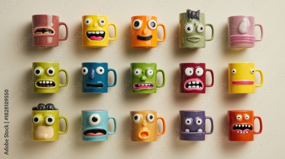 Naklejka premium A row of colorful coffee mugs with faces on them. The mugs are arranged in a line, with some of them having different expressions. Scene is playful and whimsical