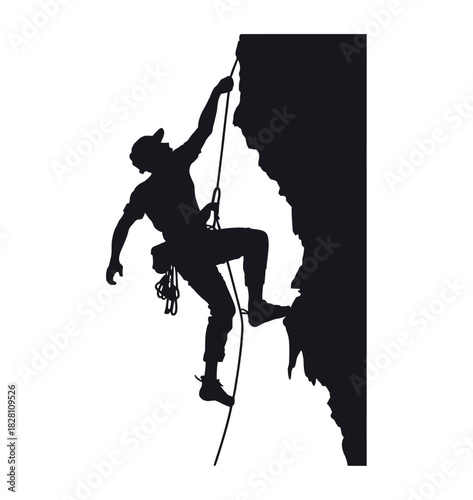 A silhouetted rock climber ascends a steep cliff face with rope.