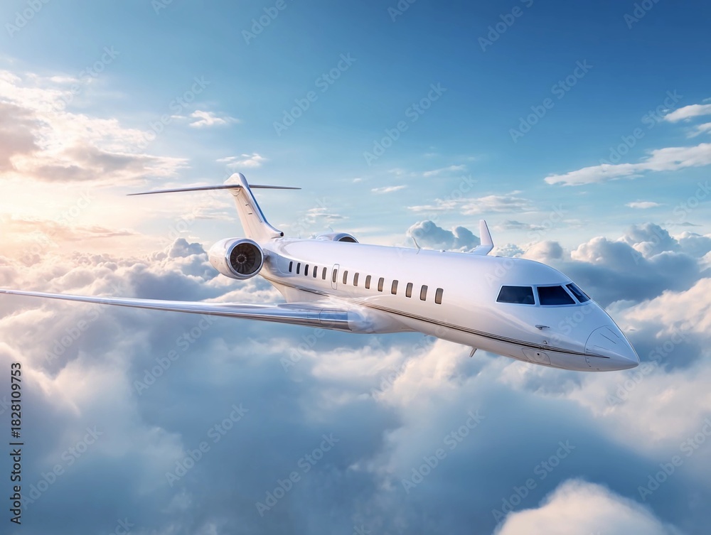 Naklejka premium Luxury jet flying through a beautiful sky filled with clouds during a vibrant sunset