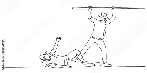 Continuous line drawing: one person lifting a bar triumphantly, while another is on the ground, depicting struggle, effort, challenge, success Vector, illustration