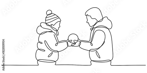 Continuous one line illustration of two people, adult and child, in winter clothing, sharing a small ball, symbolizing connection, family, and togetherness. Vector, illustration