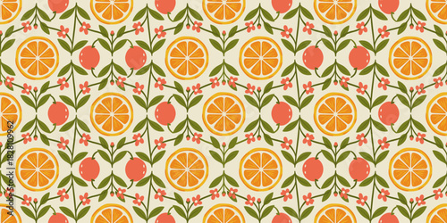 Seamless folk art pattern with citrus slices, blossoms, and olive leaves in sunny yellow, coral, and cream. Fresh vintage design for textile and wallpaper.