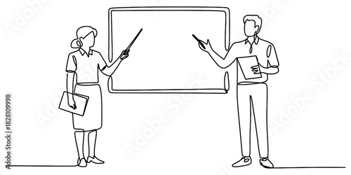Continuous line drawing of a professional man and woman collaborating, giving a presentation, teaching a class, or leading a meeting at a whiteboard. Vector, illustration