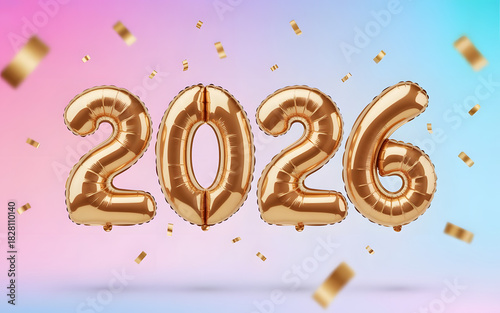A vibrant New Year celebration scene featuring shiny gold 2026 helium balloons, festive confetti, colorful party lights, and swirling streamers. The bright and joyful atmosphere creates a perfect fest