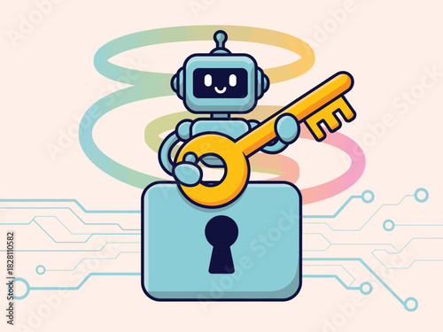 Cartoon robot holding a golden key standing on a blue lock with circuit background