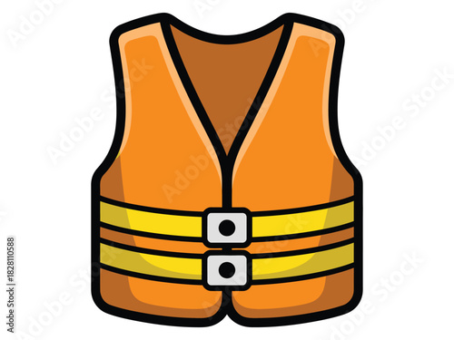 Illustration of an orange life vest with yellow stripes and black outline on white