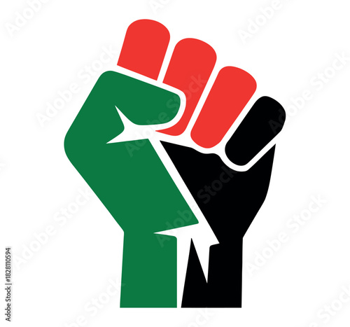A raised fist symbolizes protest and social justice movements.