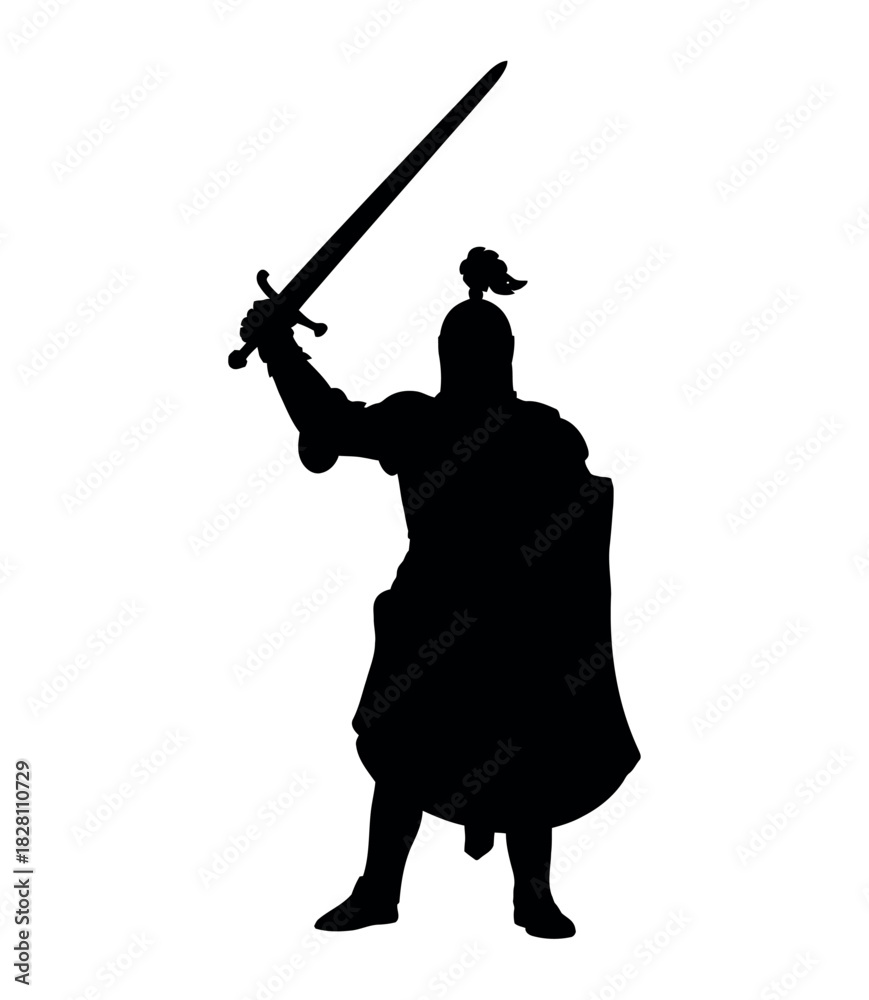 Naklejka premium Silhouette of a medieval knight in armor holding a sword and shield aloft.