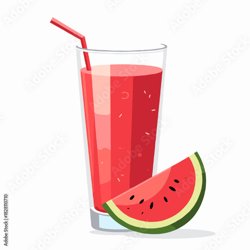 Glass of watermelon juice with straw and slice on white background  
