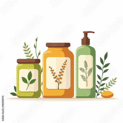 Jars with herbal extracts and bottles on white background  