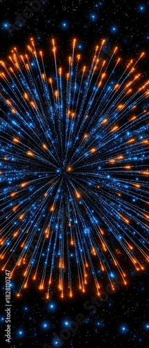 A fireworks display with blue and orange sparks. The fireworks are lit up and are in the air