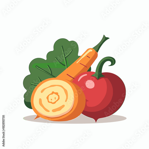 Colorful vegetables including carrot, beetroot, lettuce, and parsnip  