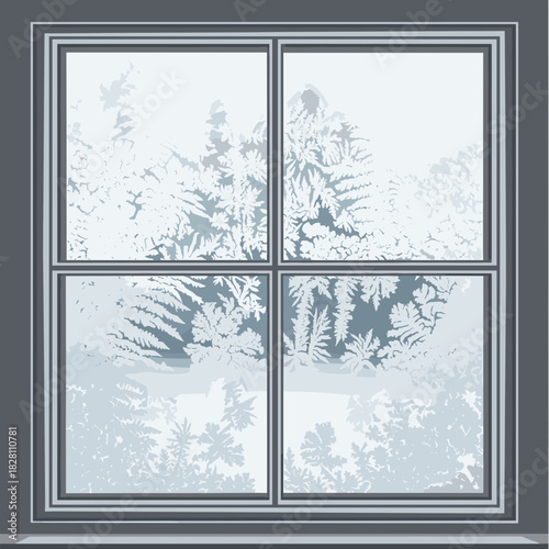 Frost on window glass depicting fern patterns in winter scene  
