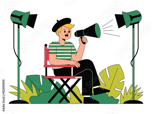 Illustration of a film director with a megaphone sitting on a director chair