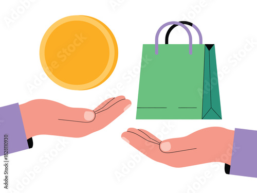 Illustration of two hands exchanging a gold coin for a green shopping bag vector