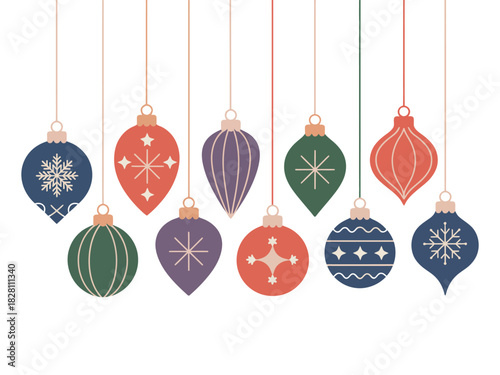 A collection of ten hanging christmas ornaments with various designs and colors on white