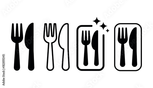 A set of cutlery icons shows various styles of forks and knives, including one sparkling clean set.