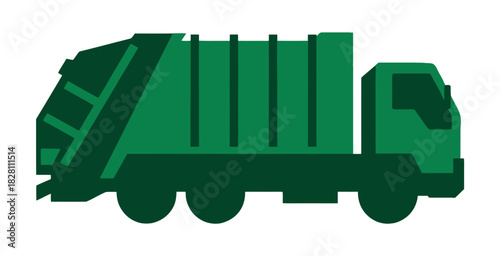A stylized green garbage truck on a white background, representing waste management services.