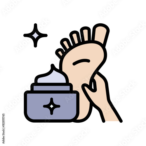 Applying foot cream, spa treatment in beauty salon and massage with cream, pedicure, moisturizing and peeling legs. Foot care line icon. Foot treatment, Podiatrist, Podiatry icons, Pedicure color vect