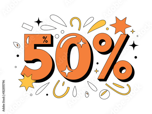 A festive graphic design displays '50%' with sparkling accents and bursts of color.