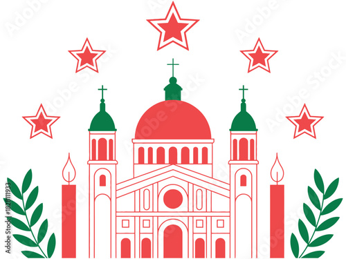 A stylized illustration of a grand cathedral surrounded by festive stars and candles