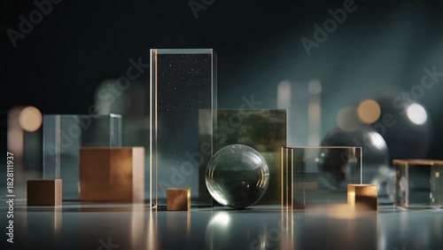 Abstract geometric shapes composition with glass spheres and cubes